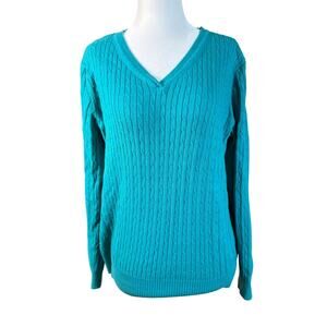 Kim Rogers Teal Cable Knit Sweater Womens L V Neck Cotton